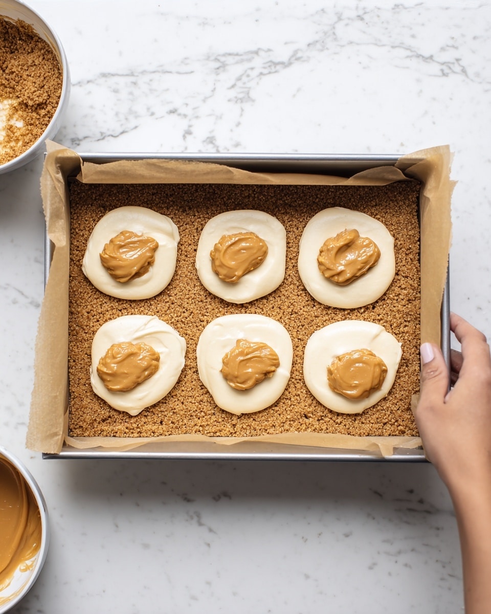 A rectangular metal baking pan lined with parchment paper holds a layered dessert in progress. The bottom layer is a crumbly, light brown crust spread evenly. On top, there are six dollops of smooth, pale cream-colored batter arranged in two rows, with three on each side. Three of these dollops have a smaller amount of thick, light brown filling placed in the center, having a slightly textured surface. A woman's hand is gently holding the edge of the pan on the right side. The pan sits on a white marbled countertop, and bowls holding the two mixtures are partially visible around the pan. Photo taken with an iphone --ar 4:5 --v 7