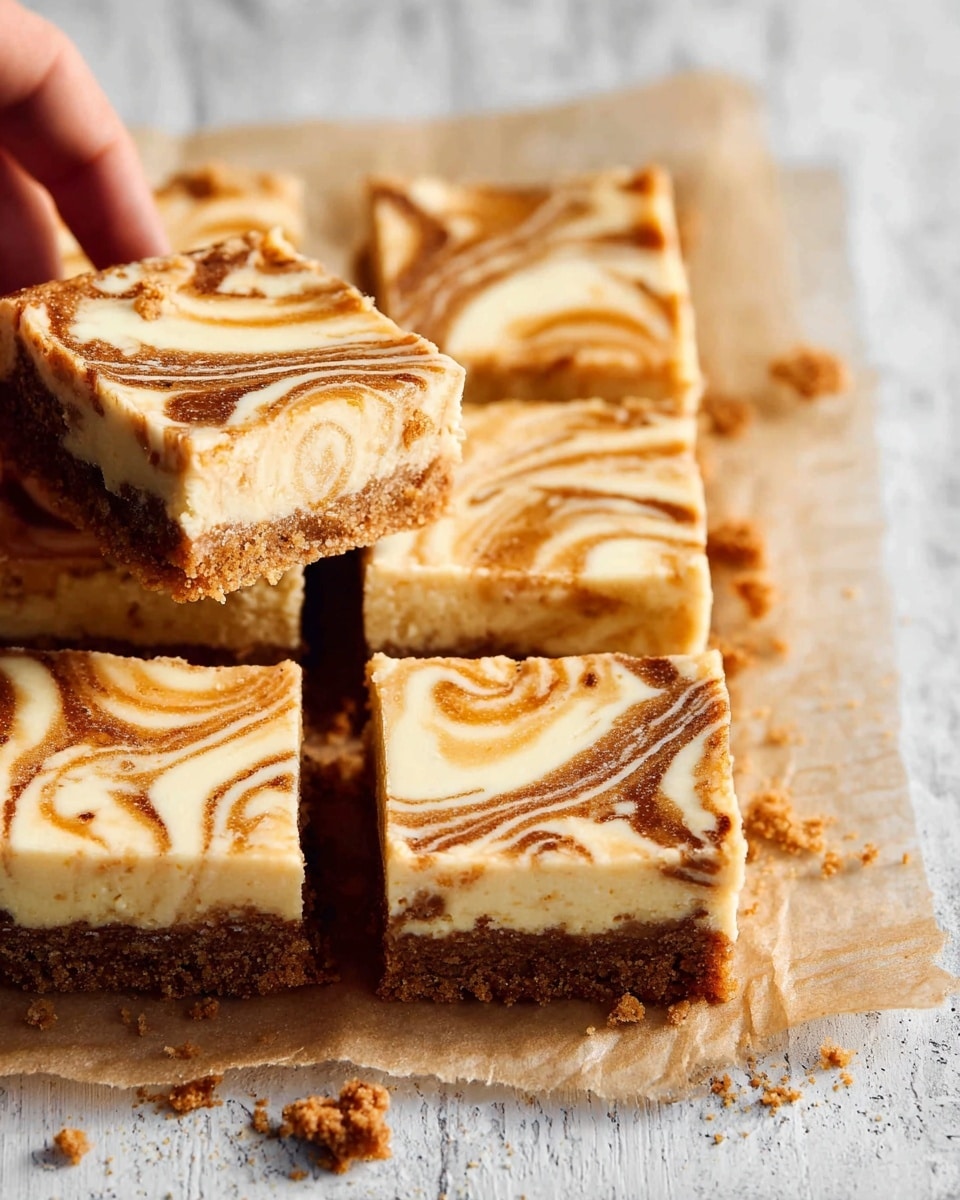 Square bars with two layers rest on a piece of parchment on a white marbled surface. The bottom layer is crumbly and light brown. The top layer is creamy pale beige with dark orange swirls creating a marbled effect all over. One square bar is held slightly above the others by a woman's hand, showing the layered edges and textures clearly. Some crumb bits are scattered around the bars. Photo taken with an iphone --ar 4:5 --v 7