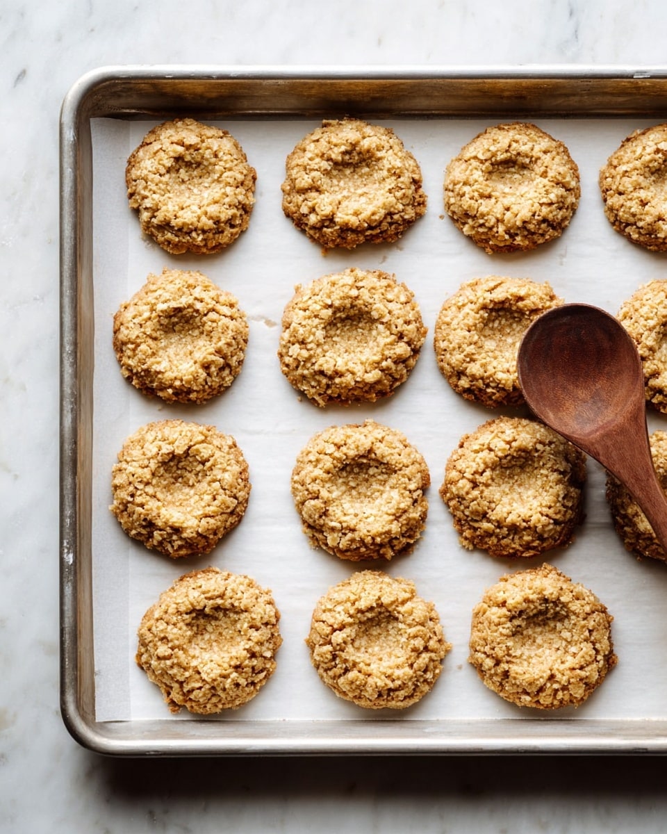 There is a metal baking tray on a white marbled surface, lined with white parchment paper. On the tray, there are twelve round, golden brown cookies arranged in three rows and four columns. Each cookie has a rough, crumbly texture with a slight hollow dip in the center. A wooden spoon is pressing gently on the edge of the cookie in the bottom right corner, showing the crumbly and uneven surface. The light coming from above highlights the coarse, oat-like texture of the cookies photo taken with an iphone --ar 4:5 --v 7