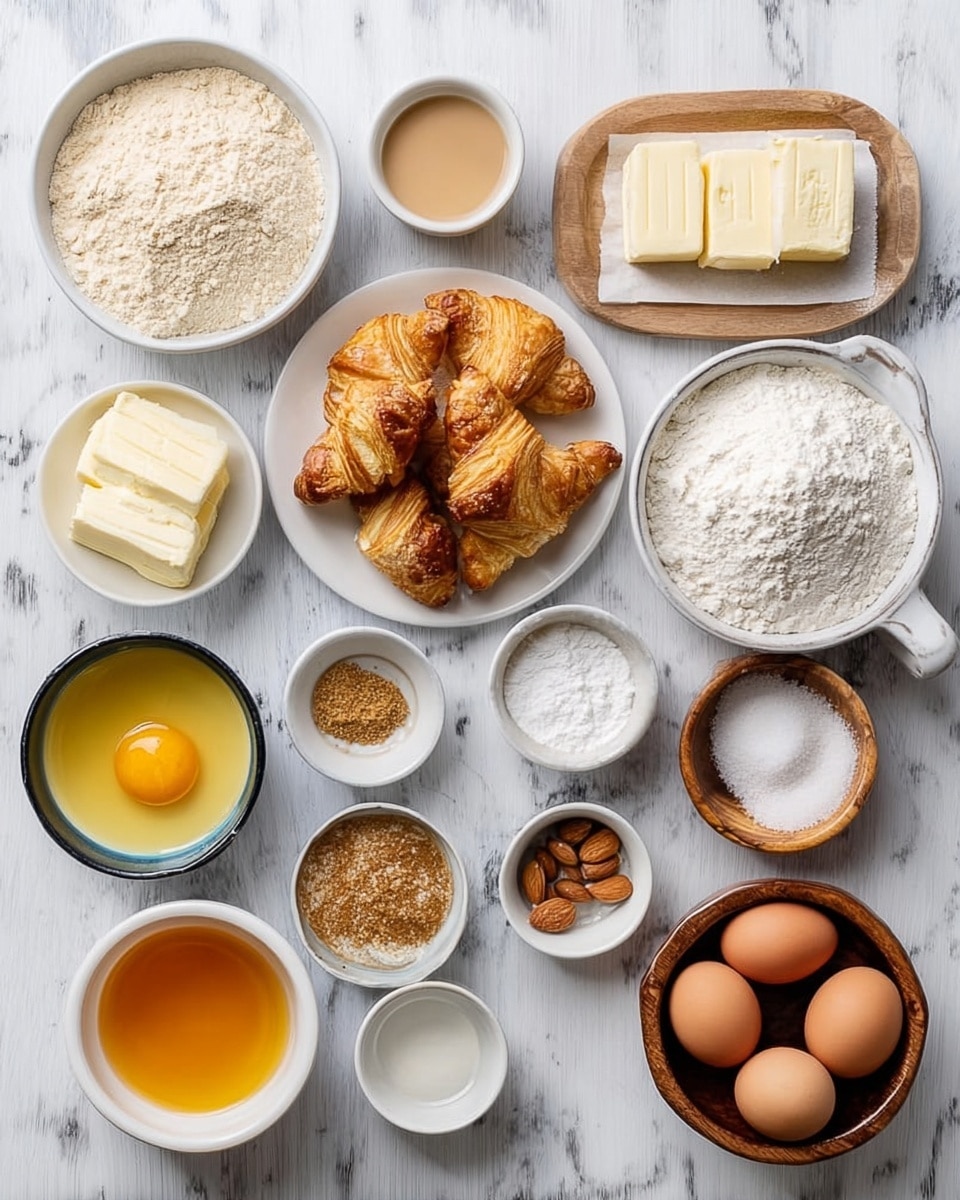 The image shows many small white bowls and one white plate arranged neatly on a white marbled surface. Starting from the top row, there is a bowl with light beige powder, two small white bowls with light brown liquid and a thick cream, then a white plate filled with torn golden brown croissant pieces, and another bowl filled with moist brown sugar. The middle row contains two butter sticks on a wooden plate, a bowl with white granulated sugar, a bowl of white flour with a handle on the right side, and a small empty white bowl. The bottom row has a small dark wooden bowl with salt, a white bowl with a light orange beaten egg mixture, a bowl with melted yellow butter, a wooden plate with two brown eggs, a small white bowl with sliced almonds, and four small white bowls holding different powders and vanilla extract. The shot is taken with an iphone --ar 4:5 --v 7