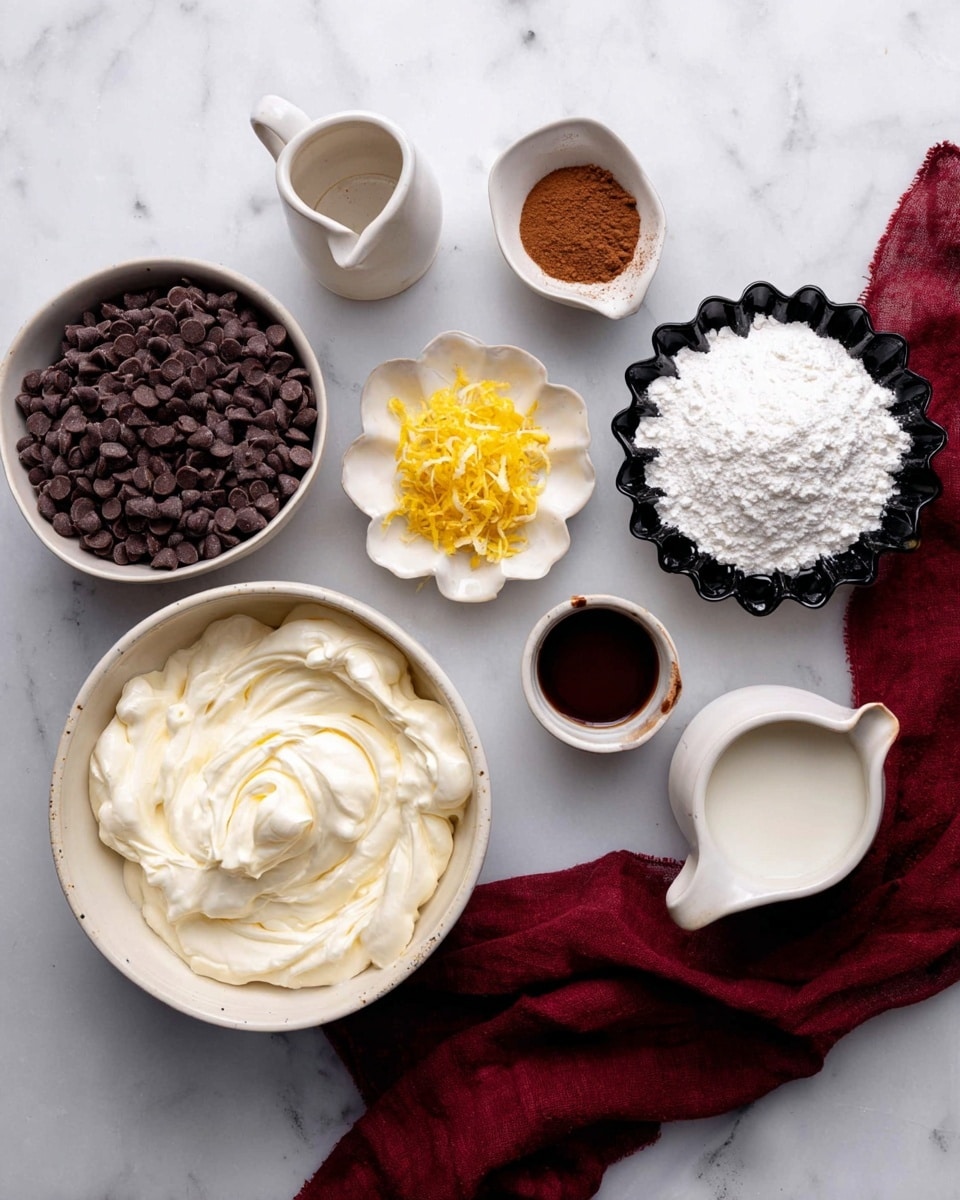 The image shows a top view of several white bowls and small cups placed on a white marbled surface, each filled with different ingredients. On the left is a large white bowl filled with dark chocolate chips. Next to it, a small white flower-shaped plate holds bright yellow lemon zest. Below that is a white bowl filled with smooth white cream, and nearby is a white ceramic jug holding milk. To the right of the cream, a black scalloped bowl is full of white powdered sugar. Above it, a tiny white cup contains brown cinnamon powder, and next to that, another small cup holds dark vanilla extract. On the far right, a large white bowl contains a thick, creamy off-white mixture. A dark red cloth is draped casually near the bottom right corner of the image. photo taken with an iphone --ar 4:5 --v 7
