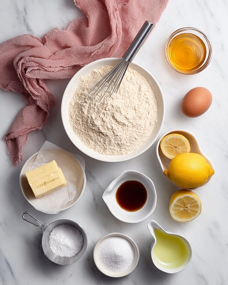 Soft Lemon Sugar Cookies Recipe 4 The image shows ingredients for baking arranged neatly on a white marbled surface. In the center, there is a white bowl filled with light beige flour with a silver whisk resting in it. Surrounding the bowl are a stick of butter wrapped in paper at the bottom left, a white bowl of granulated sugar below the flour bowl, and a metal measuring cup filled with white powder (possibly baking powder) next to it. To the right, there is a white small bowl with dark brown vanilla extract, a whole lemon and two lemon halves, and a white ramekin of pale yellow liquid, probably lemon juice. Above the flour bowl are a whole brown egg, a small glass cup filled with a clear golden liquid, and a small white bowl with a white powder. A soft pink cloth is loosely placed to the left of the bowls. Photo taken with an iphone --ar 4:5 --v 7