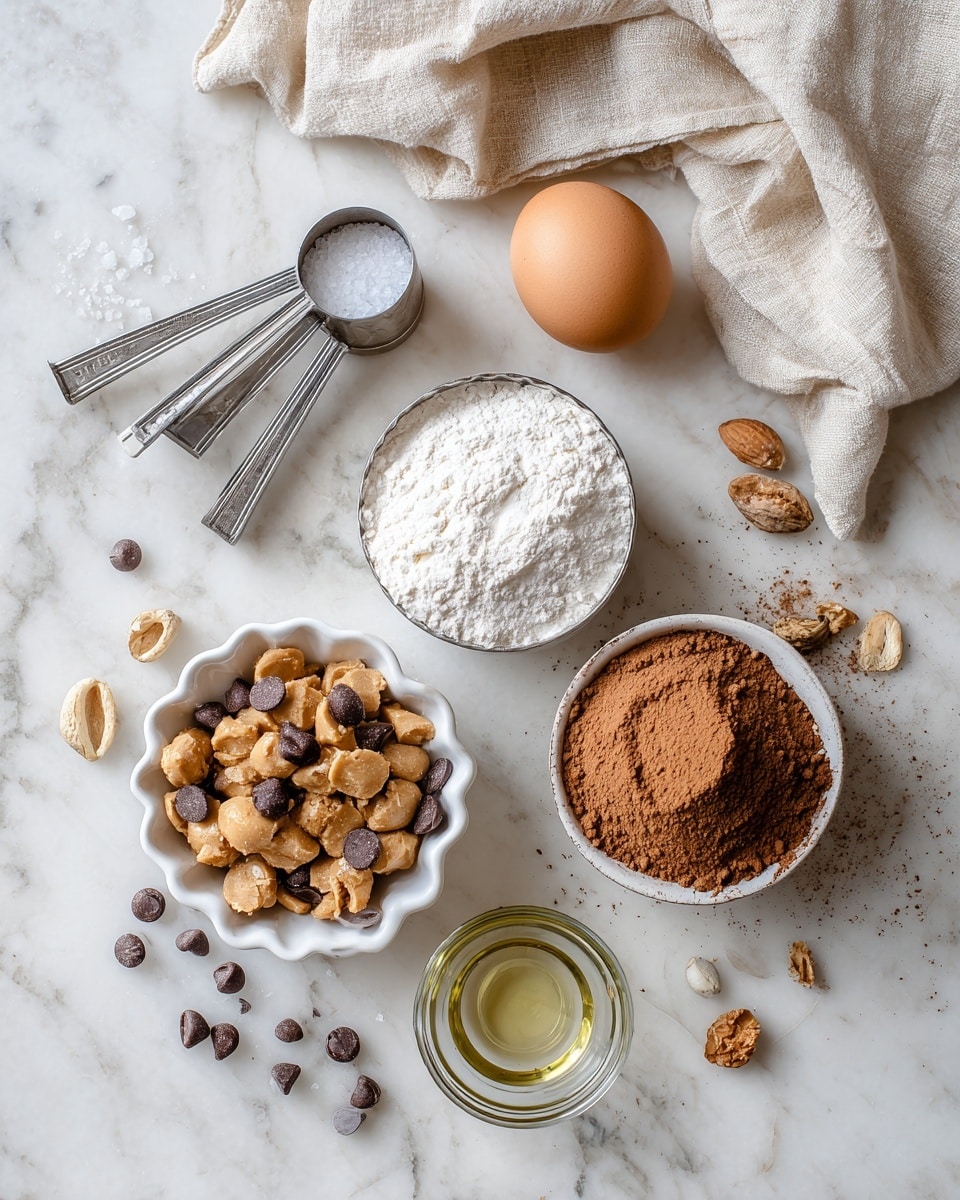 The image shows several ingredients neatly arranged on a white marbled surface. At the top left are three metal measuring spoons stacked with a small pile of salt next to them. To the right of the spoons is a single brown egg standing upright. Below the egg is a small metal cup filled with white granulated sugar. To the right of this sugar cup is a clear glass bowl containing brown cocoa powder with a small indentation in the middle. Below the cocoa powder is a small glass cup with clear oil. At the bottom left is a white scalloped bowl filled with a mix of peanut butter and semi-sweet chocolate chips, with some scattered on the surface. Above this bowl is a metal measuring cup full of white flour. There is a light beige cloth loosely draped in the upper left corner, and scattered cocoa or chocolate bits and some nuts are spread around the ingredients. Photo taken with an iphone --ar 4:5 --v 7