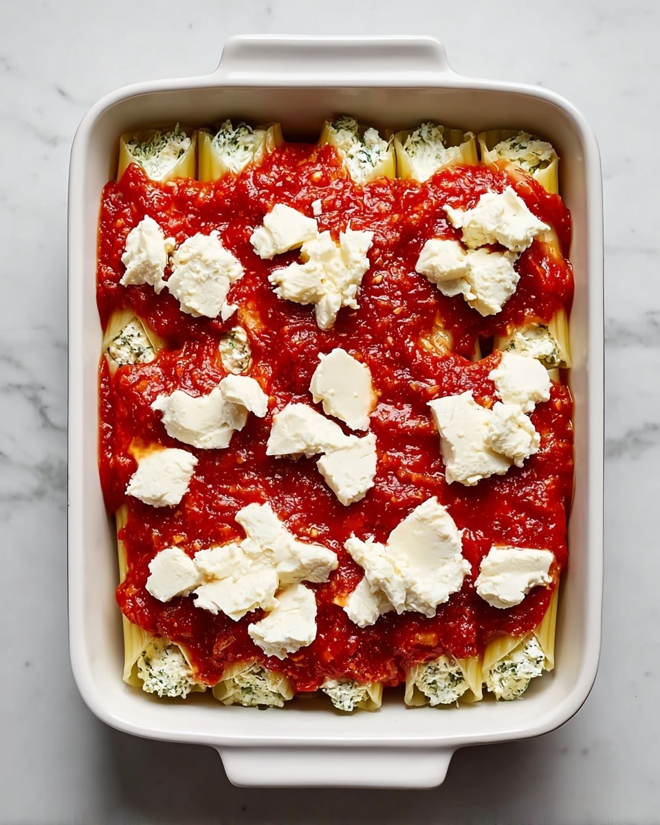 A white rectangular baking dish filled with two main layers: the bottom layer consists of pasta tubes stuffed with a creamy white and green mixture of cheese and herbs, arranged neatly side by side, partially visible under a bright red chunky tomato sauce that covers most of the pasta. On top of the sauce, there are evenly spaced soft white cheese chunks placed randomly across the surface. The dish rests on a white marbled surface. photo taken with an iphone --ar 4:5 --v 7