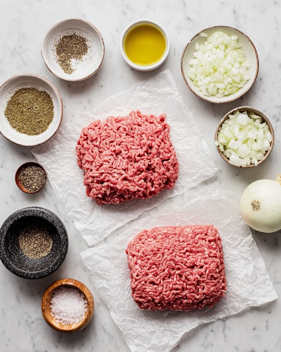 Two rectangular piles of raw ground meat, one lighter pink and the other darker pink, rest on white crinkled parchment paper placed on a white marbled surface. Around the meat, there are small white and brown ceramic bowls containing various spices and chopped onions, including a bowl with white chopped onions on the right side, and a small white bowl filled with yellow olive oil on the upper left. Also, a wooden bowl with black pepper and a black stone bowl with coarse salt are positioned near the bottom left. Each ingredient is neatly arranged in separate bowls forming a loose circle around the meat. Photo taken with an iphone --ar 4:5 --v 7
