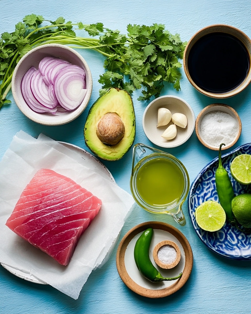 The image shows ingredients laid out on a blue surface, but the surface should be white marble texture. In the center is a piece of raw tuna on white parchment paper, deep pink in color with visible muscle lines. Above the tuna, there is a halved avocado with dark green outer skin and light green inside, with one half holding the brown seed. To the left of the tuna, thin slices of purple onion rest in a white bowl. Below this, a bunch of fresh green cilantro leaves with stems spreads out naturally. To the right of the tuna, a small white bowl holds two garlic cloves, and next to this is a small brown dish with white salt. Above the garlic is a small white bowl filled with a dark liquid, likely soy sauce. Below the salt, a white plate carries a glass jug filled with greenish lime juice, placed beside squeezed lime halves and a wooden lime squeezer with light wood grain texture. A small brown plate with blue edge detail holds two green chili peppers, one whole and one sliced in half showing white seeds inside. The layout is neat and colorful with a natural, fresh look. Photo taken with an iphone --ar 4:5 --v 7