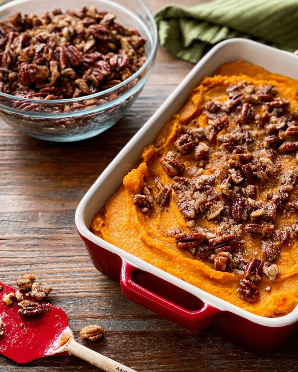 The dish is in a white baking dish with red handles, filled with a smooth, bright orange layer of mashed sweet potatoes. On top, there is a scattered layer of dark brown pecans mixed with light brown crumbly sugar topping, giving a crunchy texture. Beside the dish, there is a clear bowl filled with the same pecan and crumb topping mixture. The background is a wooden surface and there is a green cloth partially visible on the side. A red silicone spatula with some of the mashed sweet potatoes on it lies below the baking dish. photo taken with an iphone --ar 4:5 --v 7