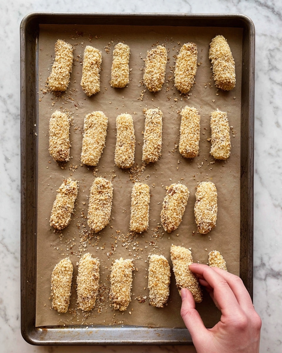 A metal baking tray lined with light brown parchment paper holds two neat rows of breaded finger-shaped pieces covered with coarse, crumbly coatings of oats and seasoning, each piece pale yellow with specks of brown and white crumbs scattered around; in the bottom right corner, a woman's hand is gently holding one of the breaded pieces, preparing to place it on the tray, all set on a white marbled surface photo taken with an iphone --ar 4:5 --v 7