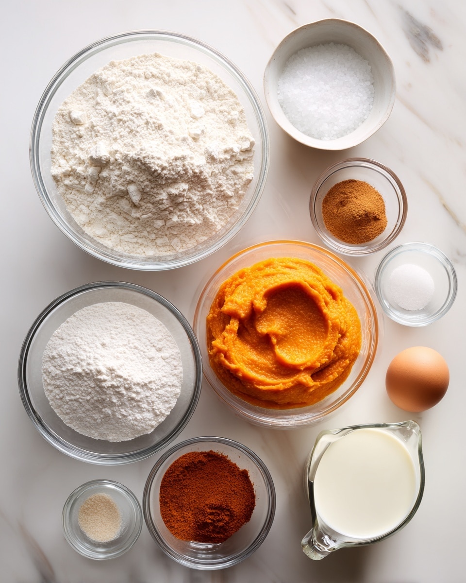 The image shows several clear glass bowls and a clear measuring cup arranged on a white marbled surface, each containing different baking ingredients. The largest bowl at the top left is filled with white all-purpose flour with a soft powdery texture. To its right is a small bowl with white salt crystals. Below the flour, there is a bowl with white baking powder and baking soda mixed together. In the center is a bowl filled with smooth, thick, bright orange pumpkin puree. To the right of the pumpkin puree are two small bowls containing white sugar and a brownish-orange pumpkin spice powder. Below the pumpkin spice is a clear measuring cup filled with creamy white whole milk, and next to it is a small clear bowl with transparent vegetable oil. Finally, to the right is a small bowl with a single brown egg. Every bowl shows distinct colors and textures of the ingredients, all placed neatly on the white marbled surface. The photo taken with an iphone --ar 4:5 --v 7