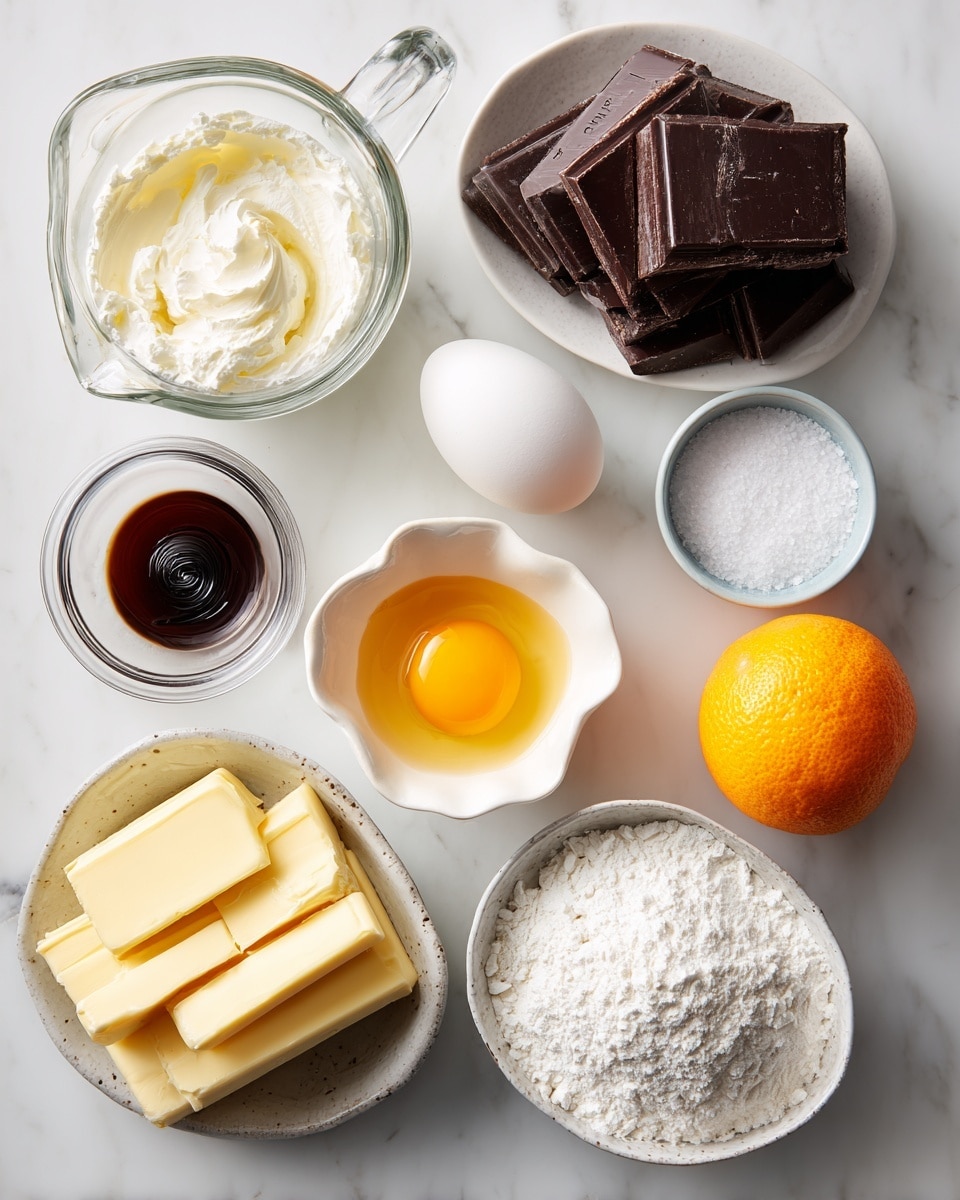 A clear glass measuring cup filled with light cream sits at the top left corner on a white marbled surface. Below it, a rustic small white bowl holds a bright yellow egg yolk, next to a whole white egg. Beside the egg, a small white metal bowl contains white salt, and next to it, a small clear glass bowl holds dark brown vanilla. To the right, a small white, slightly scalloped ceramic bowl contains several thick pieces of dark chocolate. Below are two sticks of pale yellow butter stacked on each other. At the bottom center, a clear glass bowl is filled with white flour, and to the right of it, a speckled white bowl holds white confectioners' sugar. At the bottom right corner, a whole bright orange rests on the white marbled surface. All items are arranged neatly with clear labels on each item, photo taken with an iphone --ar 4:5 --v 7