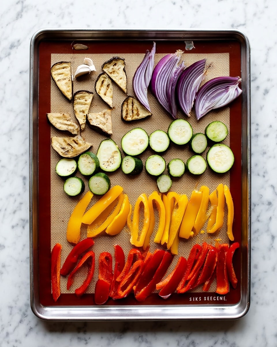 A metal baking tray lined with a light brown silicone baking mat sits on a white marbled surface. The tray is arranged with five groups of raw vegetables separated into neat sections: on the left, there are triangular pieces of light brown eggplant with purple edges; above them, thin purple onion slices are spread out; in the middle, round green zucchini slices show a moist texture; to the right of the zucchini, short, bright orange carrot sticks are stacked together; and at the far right, red bell pepper strips are arranged in a small pile. A single clove of garlic is placed near the top center of the tray among the vegetables. The vegetables display a mix of smooth and slightly wrinkled textures. photo taken with an iphone --ar 4:5 --v 7