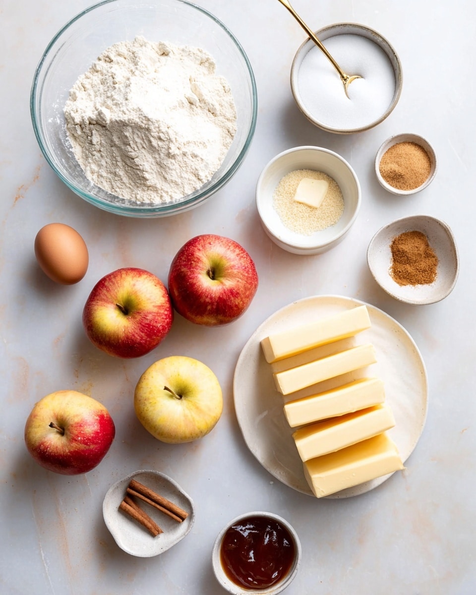 The image shows a white marbled surface with ingredients arranged neatly: a large clear bowl filled with white flour at the top left, a smaller white bowl with sugar and a gold spoon at the top right, four red and yellow apples placed in the center, a white plate with several rectangular slices of pale yellow butter on the right, and various small white bowls containing brown sugar, powdered sugar, cinnamon, and jam scattered around. At the bottom left, there is a single brown egg. The setting is bright and natural, capturing a clean and simple baking preparation scene photo taken with an iphone --ar 4:5 --v 7