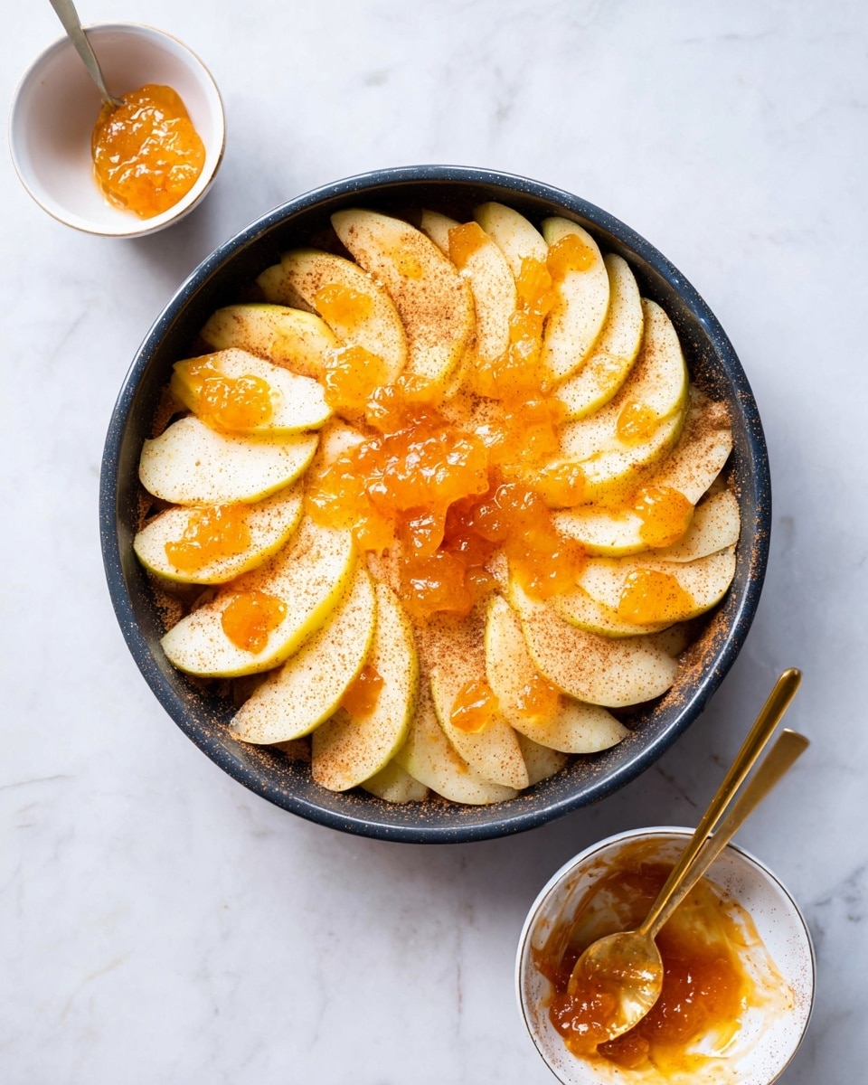 In a round black pan, slices of pale yellow apples are arranged in two neat layers, fanned out evenly to cover the surface. The apple slices are sprinkled with fine cinnamon powder, giving a light brown dusting on their smooth skin. On top, bright orange dollops of jam are scattered in small mounds, adding a glossy, sticky texture that contrasts with the matte apple slices. Next to the pan, a white bowl with traces of the same orange jam sits, holding a golden spoon coated with jam. The whole scene is set on a white marbled surface. photo taken with an iphone --ar 4:5 --v 7