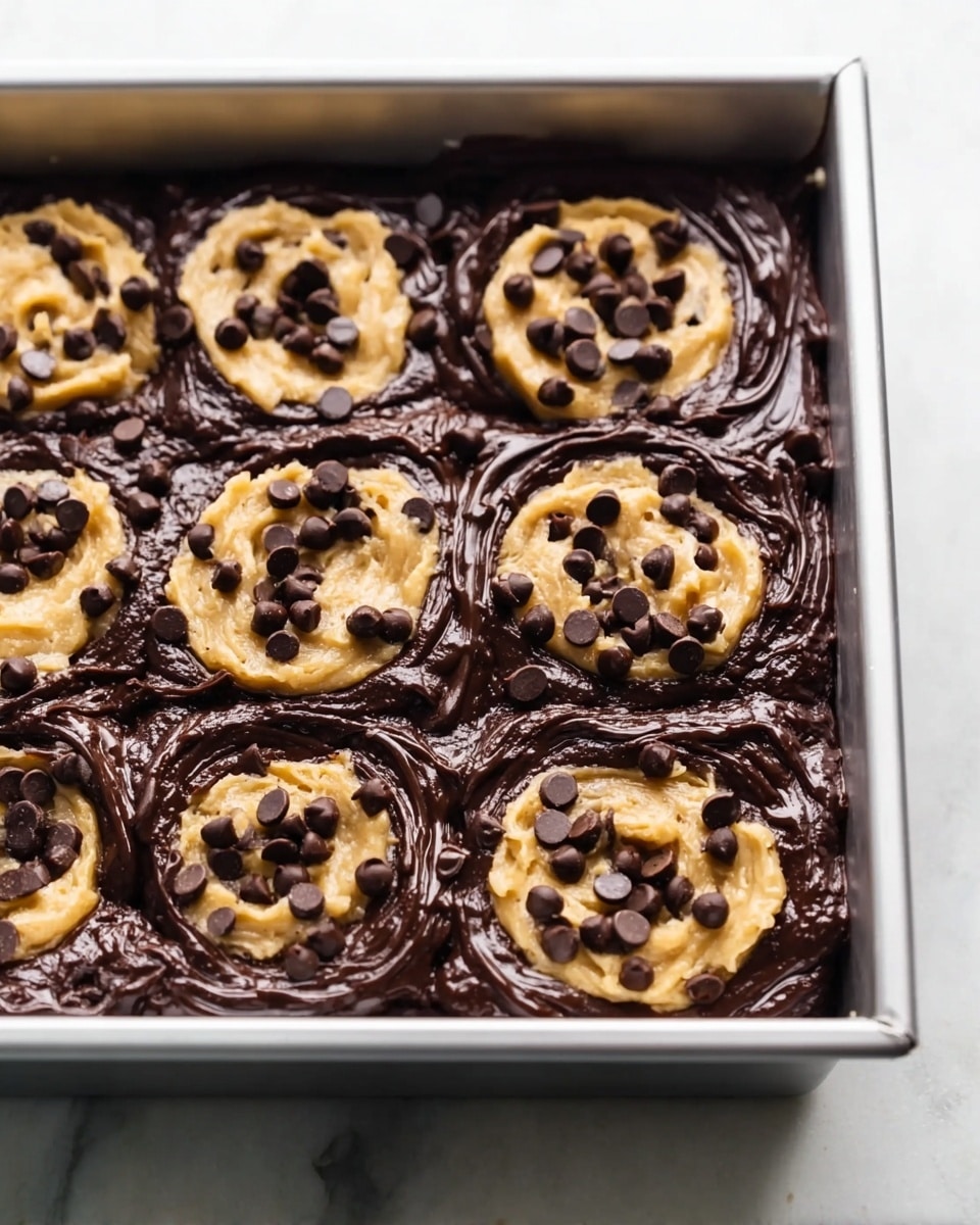 The image shows a metal rectangular pan with a white marbled surface underneath. Inside the pan is a rich, dark chocolate batter layer that fills the bottom almost fully. On top of this dark base, there are about seven unevenly spaced swirls of light beige cookie dough that contain dark chocolate chips, creating a clear contrast with the dark batter. The cookie dough swirls appear soft and textured with visible chocolate chips embedded inside. The edges of the swirls blend slightly into the chocolate layer beneath, showing a mix of colors and textures between the two layers. photo taken with an iphone --ar 4:5 --v 7