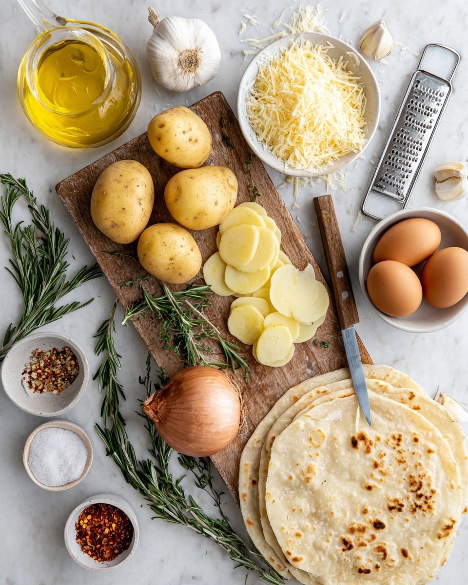 The image shows ingredients arranged on a white marbled surface with a wooden board in the center. On the wooden board, there are three whole light yellow potatoes, thinly sliced potato rounds in a stack, a whole shallot with reddish skin, rosemary sprigs, and a small knife with a wooden handle. To the right of the board, two pieces of round white flatbread are stacked slightly overlapping. Above the flatbread is a small white bowl holding three brown eggs. To the left of the board, a small white bowl is filled with grated cheese, with more grated cheese spilled around a metal grater above it. There is also a bulb of garlic near the board and a glass container filled with yellow olive oil at the left edge. Small white bowls with coarse salt and red chili flakes are near the bottom left, and fresh green rosemary sprigs are scattered throughout. Photo taken with an iphone --ar 4:5 --v 7