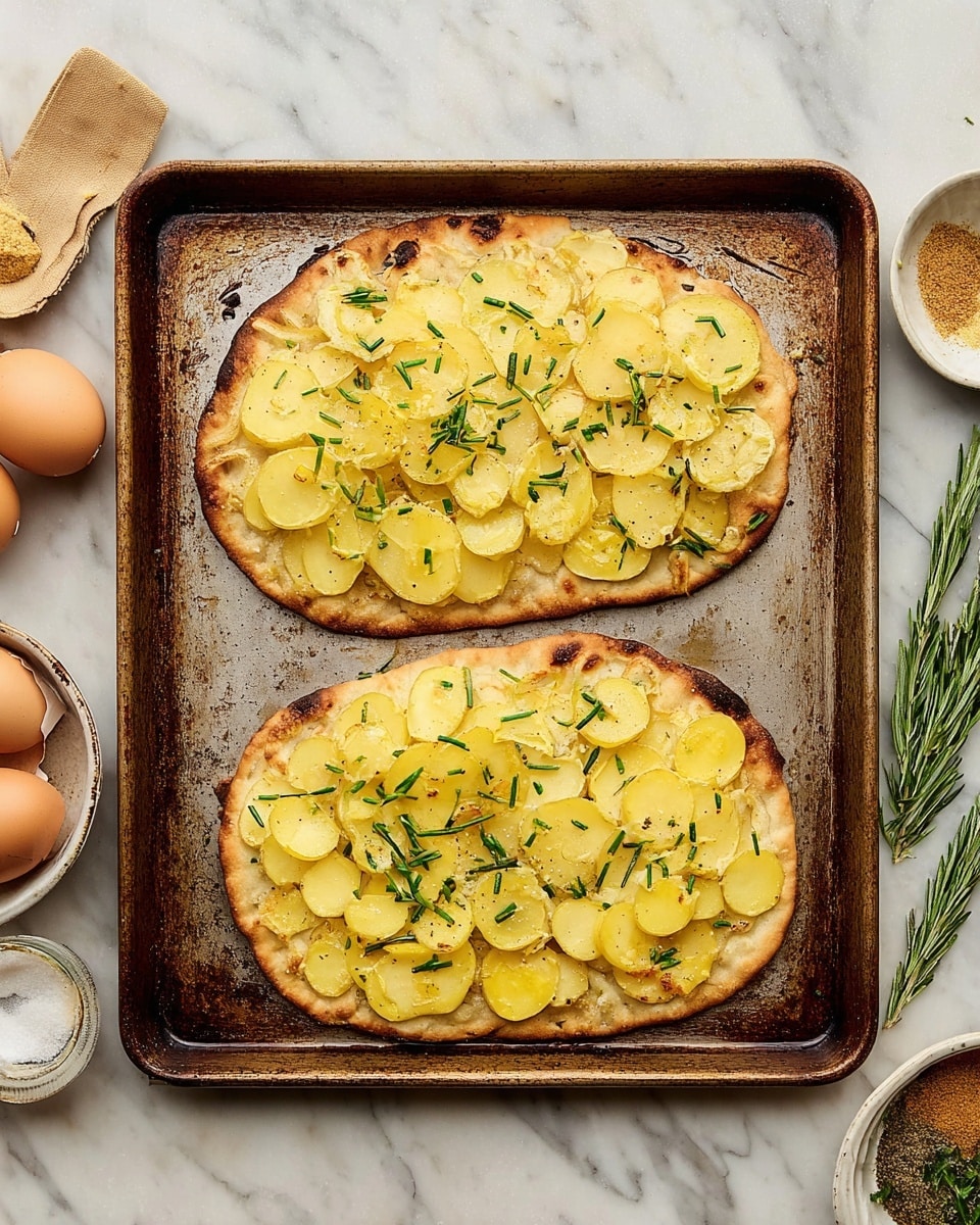 Two flatbreads lie side by side on a well-used metal baking sheet. Each flatbread is topped with one even layer of small, round yellow potato slices that cover most of the surface. On top of the potatoes, there is a light sprinkle of green herbs, mainly chopped chives and a few rosemary leaves, scattered unevenly. The flatbreads have a golden-brown baked color around the edges. The baking sheet rests on a white marbled surface, and kitchen items like eggs in a white bowl and small containers of spices are seen around the edges. Photo taken with an iphone --ar 4:5 --v 7