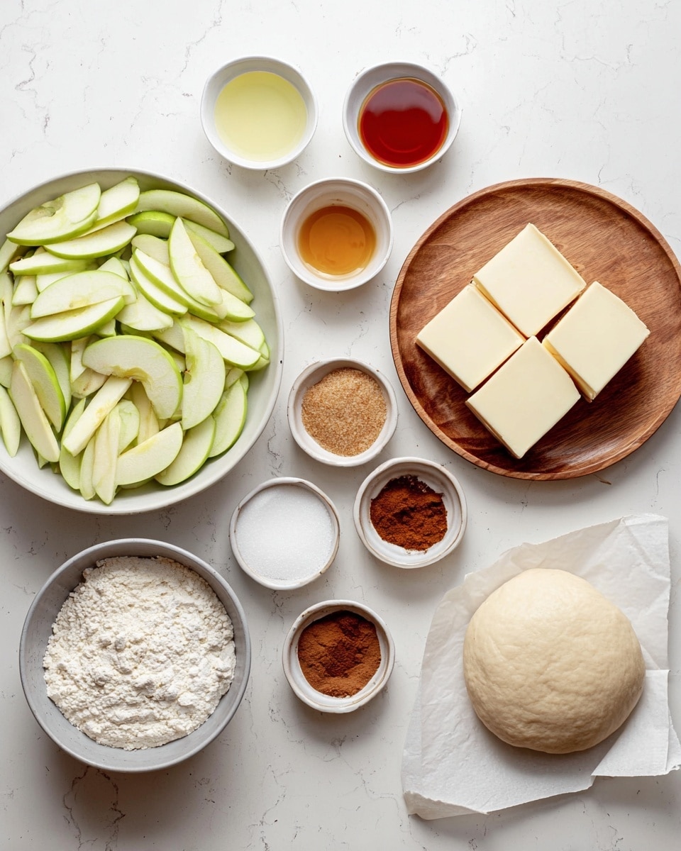 The image shows a white marbled surface with several white and wooden bowls arranged neatly. On the left, a white bowl is filled with many thin slices of light green apples. Above it, two small white bowls hold a pale yellow liquid and a dark amber liquid. To the right, a wooden round plate contains four rectangular blocks of pale butter. Next to it are two small bowls—one with a light brown powder and the other filled with dark brown sugar. Below these, there is a white bowl full of white granulated sugar and another small bowl of cinnamon powder. In the bottom center, a gray bowl holds white flour, and on the far right, a ball of pale dough rests on a piece of white parchment paper. The containers and ingredients are all neatly spaced on the white marbled surface. Photo taken with an iphone --ar 4:5 --v 7