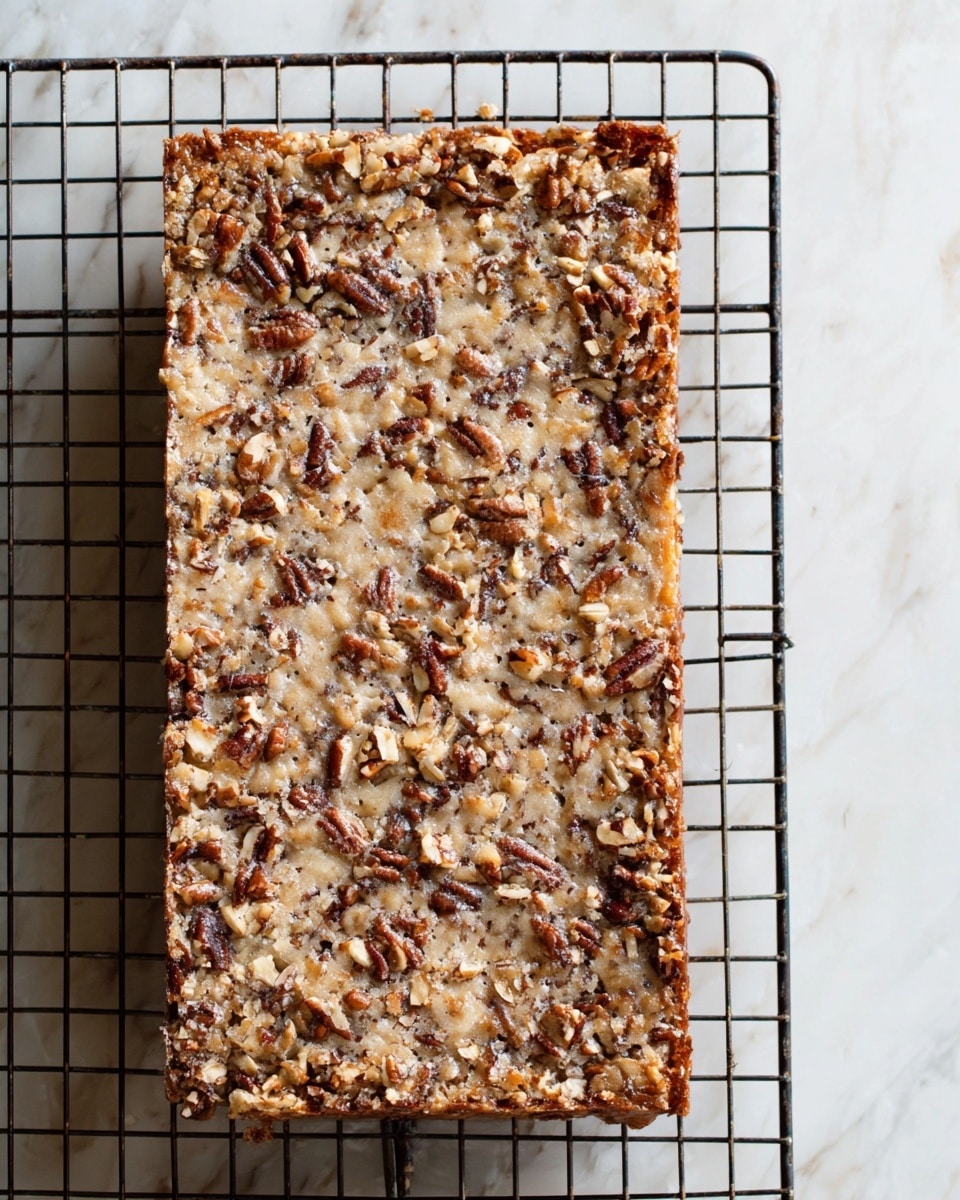 The image shows a single rectangular bar resting on a black wire cooling rack over a white marbled surface. The bar has a rough, uneven top layer filled with pieces of pecans that are dark brown and scattered throughout. The top layer appears dense and slightly crispy with a mix of light beige and brown shades, giving a textured look. The edges of the bar are darker brown, indicating a baked crust that is firm and slightly raised. There is no visible layering inside, just a consistent mix of nuts and batter all over the bar. Photo taken with an iphone --ar 4:5 --v 7