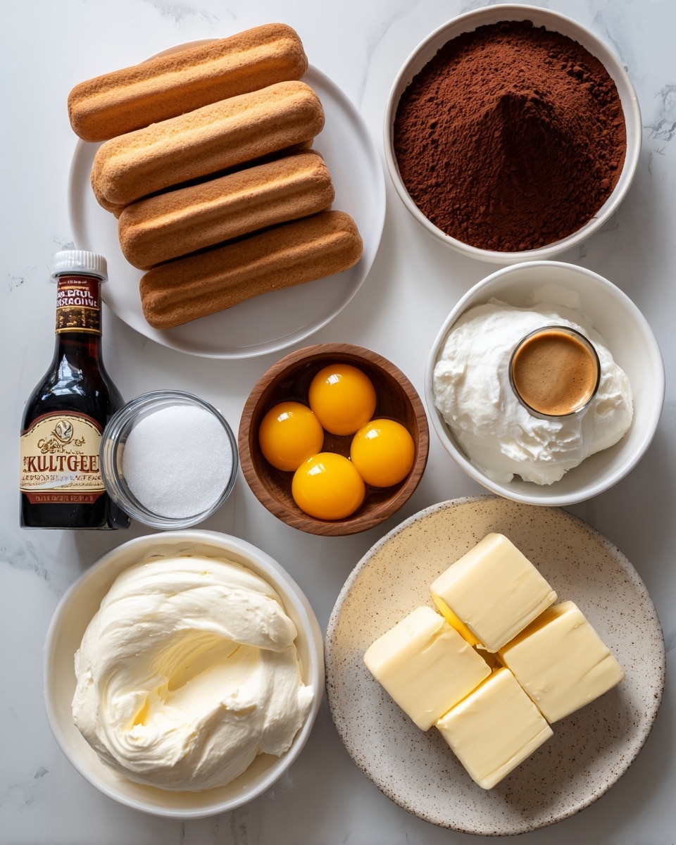 The image shows various ingredients arranged neatly on a white marbled surface. From top left, a white plate holds a stack of light brown ladyfingers. Next to it, a small wooden bowl contains a pile of unsweetened cocoa powder in fine, loose texture. To the right, there is a white bowl filled with creamy heavy cream and beside it, a transparent glass cup holds golden-brown espresso with a light foam on top. Below, a white bowl has a smooth, soft layer of mascarpone cheese. To the right, a speckled plate shows three cubes of pale yellow butter. A larger white bowl beside it contains five bright yellow egg yolks. On the bottom left, a bottle of dark Kahlúa is placed next to a small white bowl filled with fine white sugar. Photo taken with an iphone --ar 4:5 --v 7
