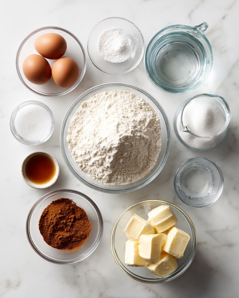 The image shows a top view of eight small clear glass bowls with baking ingredients placed on a white marbled surface. In the center, there is a large bowl filled with white flour that has a smooth, powdery texture and a slightly domed surface. To the top left, a small bowl holds two brown eggs with smooth shells. Above the flour bowl, there is a small bowl containing white salt with a fine grainy texture. To the top right, another small bowl contains white sugar, which has a crystalline texture. On the right side, a medium clear measuring cup is filled with clear water, showing subtle reflections. Below the water, there is a small bowl filled with pale yellow butter pieces with soft, slightly uneven surfaces. To the bottom left, a small dish contains brown cinnamon powder with a fine texture, and next to it, a tiny bowl holds light amber liquid vanilla extract. All bowls are on a white marbled surface, creating a clean and bright kitchen scene. Photo taken with an iphone --ar 4:5 --v 7