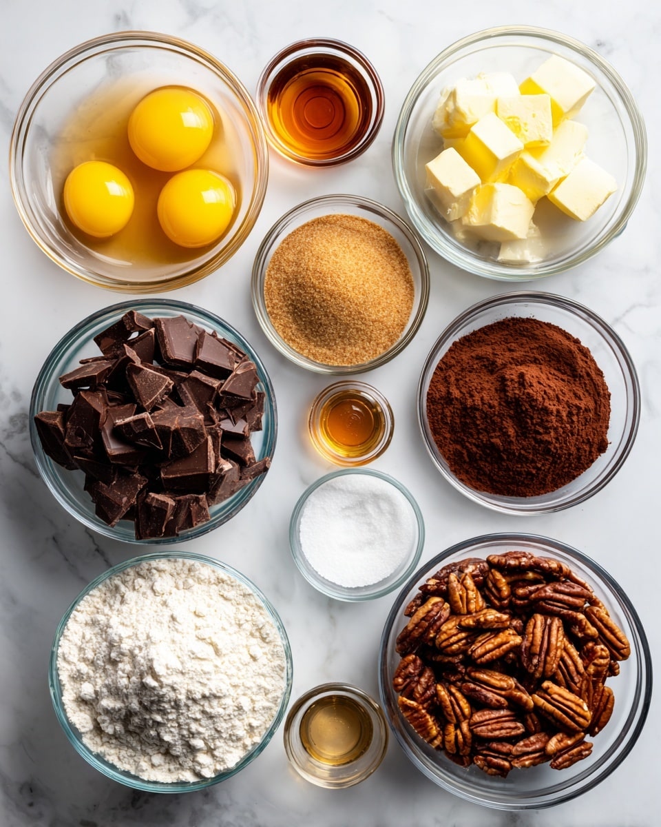 The image shows several small glass bowls and containers arranged on a white marbled surface, each holding different baking ingredients. There is a round bowl with four bright yellow eggs in the center top, surrounded clockwise by light brown packed brown sugar in a bowl, creamy yellow butter cubes in a bowl, a tiny container of clear bourbon liquid, a small bowl of white flour, a small bowl of dark brown cocoa powder, and a small container of brown vanilla liquid. Below the eggs to the left is a large bowl filled with dark chopped chocolate pieces, with a bowl full of brown pecans to its right. Above and below these are a small container of amber maple syrup and a tiny container of white salt. All bowls and containers are clear glass, placed neatly on the white marbled surface. Photo taken with an iphone --ar 4:5 --v 7