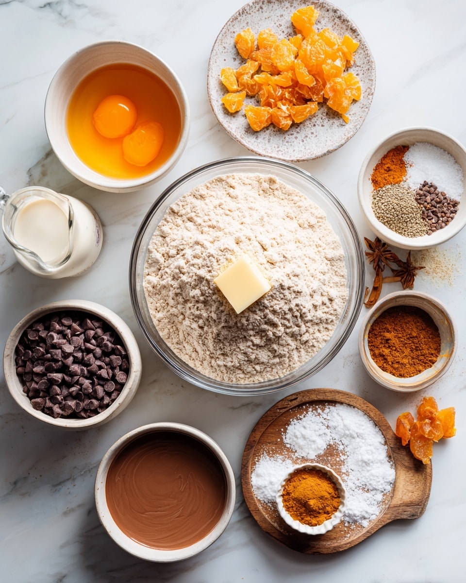 The image shows a top view of various ingredients for a baking recipe arranged on a white marbled surface. At the center, there is a large clear glass bowl filled with a heap of light beige bread flour or plain flour with a small pat of butter on top. Surrounding it are several smaller white bowls: one contains an orange egg yolk and melted chocolate in a smooth brown sauce on a round wooden board, another holds chocolate chips in a dark brown wooden bowl, and others contain dry ingredients such as spices, sugar, and yeast. There is a small glass jug with a creamy liquid labeled salt and milk, and another small bowl with orange zest, ground cinnamon, and spices grouped on a white plate. A small ramekin of orange marmalade or apricot jam with some boiling water is also visible. The setup is neat and well-lit, showing a cozy baking scene. Photo taken with an iphone --ar 4:5 --v 7
