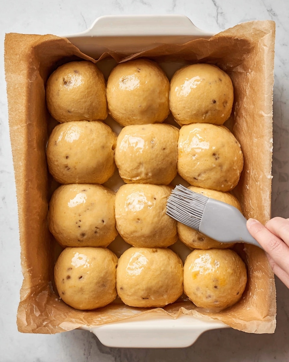 A white baking dish lined with brown parchment paper holds twelve golden dough balls arranged close to each other in a 3 by 4 pattern. The dough balls have a smooth and shiny surface with small air bubbles and some darker spots visible inside the dough. A woman's hand is holding a gray pastry brush lightly touching one of the dough balls to apply a glaze. The dish is placed on a white marbled surface. photo taken with an iphone --ar 4:5 --v 7