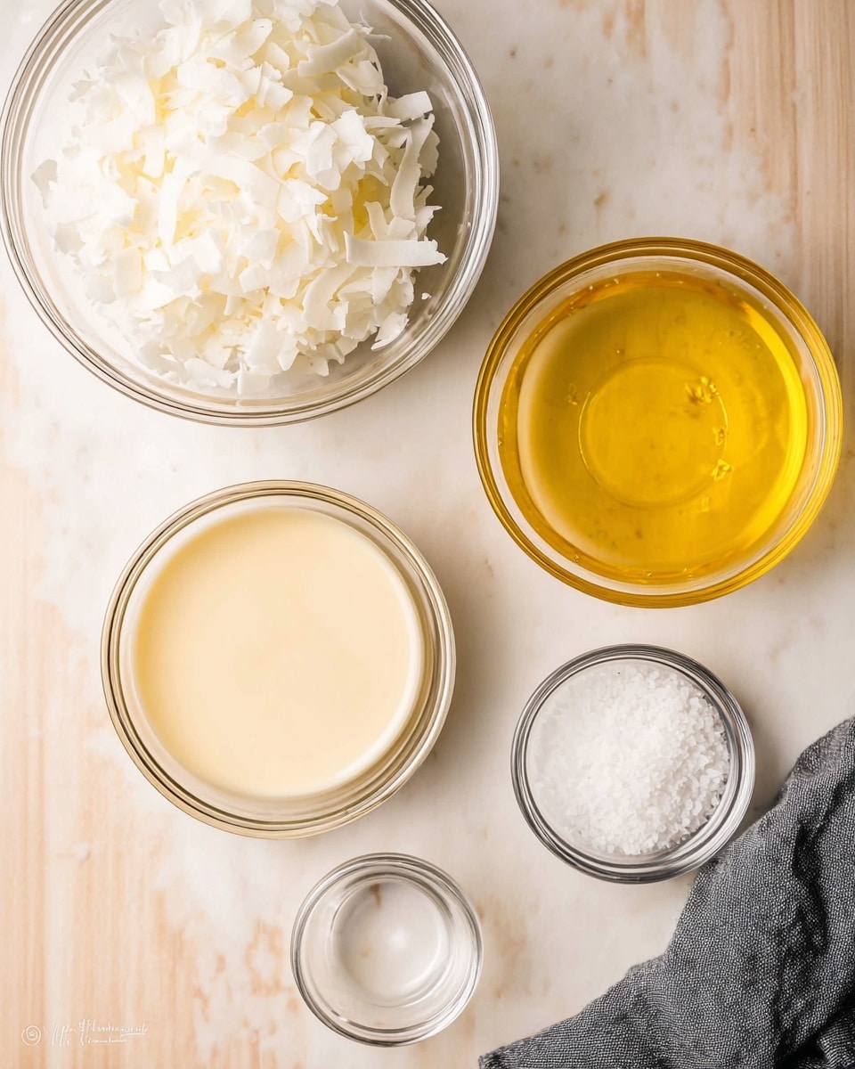 The image shows five clear glass bowls placed on a white marbled surface. The largest bowl on the top left is filled with white shredded coconut flakes that have a fluffy texture. To its right, a slightly smaller bowl contains a golden yellow liquid, looking smooth and glossy. Below these two, on the left side, there is another large bowl filled with a thick, creamy beige liquid. Centrally placed underneath the golden bowl is a small empty glass bowl, and to its right, another small bowl holds a white granular substance, likely salt, with a slightly coarse texture. A gray cloth is partially visible in the bottom right corner of the image. Photo taken with an iphone --ar 4:5 --v 7