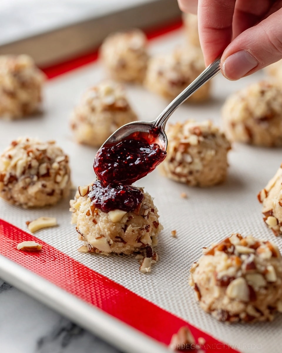 The image shows several small, round cookie dough balls covered in chopped nuts placed on a white silicone baking mat with red edges, laid on a white marbled surface. Each dough ball is pale beige with visible nut pieces in light brown and cream shades. A woman's hand holds a spoon coated with dark red, shiny jam, gently placing a dollop of jam on top of one dough ball near the front. The jam has a slightly chunky texture and contrasts vividly with the light dough and nuts. The background is softly blurred with more dough balls spread evenly across the baking mat. Photo taken with an iphone --ar 4:5 --v 7