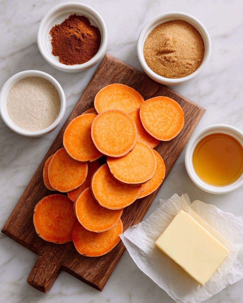The image shows a wooden cutting board in the center with several round slices of bright orange sweet potatoes stacked loosely on it. Around the board, there are four small white bowls and a stick of butter on its paper. The top left white bowl holds a small pile of ground cinnamon, the top middle right white bowl is filled with brown sugar, the bottom right white bowl contains golden corn syrup, and the butter is pale yellow and placed on the unwrapped paper. All items are set on a white marbled surface. Photo taken with an iphone --ar 4:5 --v 7