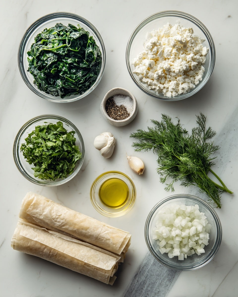 The image shows several clear glass bowls and items arranged neatly on a white marbled surface. There is one bowl filled with dark green frozen spinach on the top left, a smaller bowl with salt and pepper to the right of it, and a bowl of crumbled white feta cheese on the top right side. Below the spinach bowl, there is a bowl with fresh green cilantro and dill herbs. Near the center of the image, there is a small bowl of light yellow oil and a single garlic clove next to it. In the bottom right, a bowl holds finely chopped white onion. At the bottom center, a stick of butter wrapped in paper lies on the white marbled surface, and below it, a folded bundle of phyllo sheets is placed horizontally. photo taken with an iphone --ar 4:5 --v 7