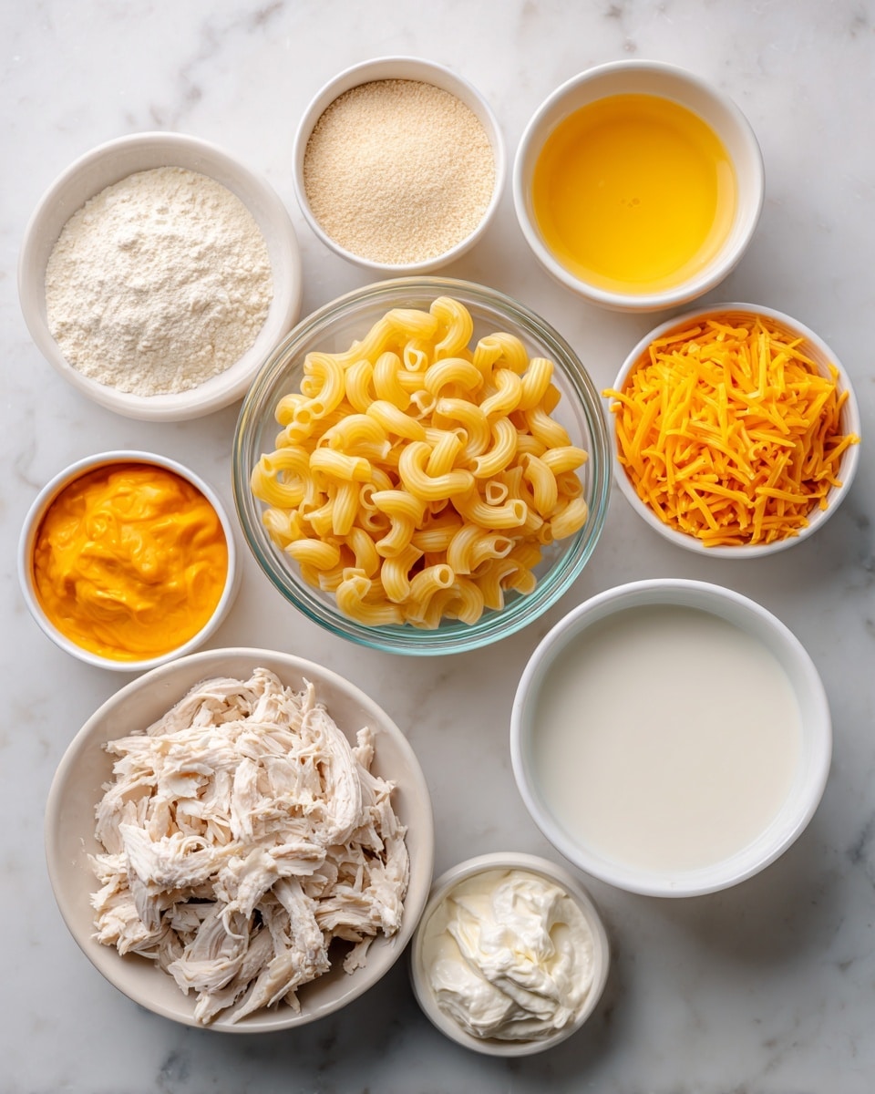 The image shows nine bowls arranged on a white marbled surface, each bowl is white except one which is clear glass. The clear glass bowl in the center holds dry yellow elbow pasta, surrounded by eight white bowls: top left with light beige dry ranch dressing powder, top right with bright yellow melted butter, bottom right with shredded orange cheddar cheese, bottom center with soft white cream cheese, bottom left with smooth orange buffalo sauce, left center with white flour, and the largest white bowl to the center left filled with shredded cooked chicken that is pale beige. Another white bowl to the middle right contains white milk. Each bowl is neatly labeled with black text on a white background. photo taken with an iphone --ar 4:5 --v 7