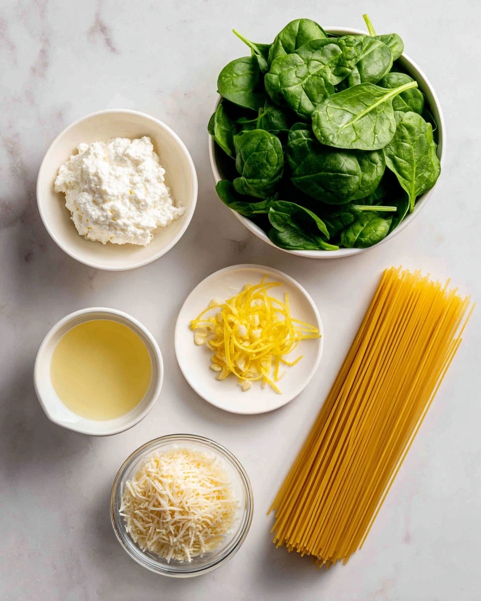 This image shows seven ingredients laid out on a white marbled surface. On the top right, there is a white bowl filled with fresh green spinach leaves. Just below it is a small white plate with bright yellow lemon zest. To the right side, a bundle of uncooked golden pasta strands lies flat. On the middle left, a white bowl contains a soft white ricotta cheese. Below the ricotta, there is a small white bowl with light yellow lemon juice and next to it, a small round glass bowl holds minced garlic, which has a light tan color. At the bottom left, a white bowl holds finely grated pale yellow parmesan cheese. The arrangement is neat and clear, with all items visible from above. Photo taken with an iphone --ar 4:5 --v 7