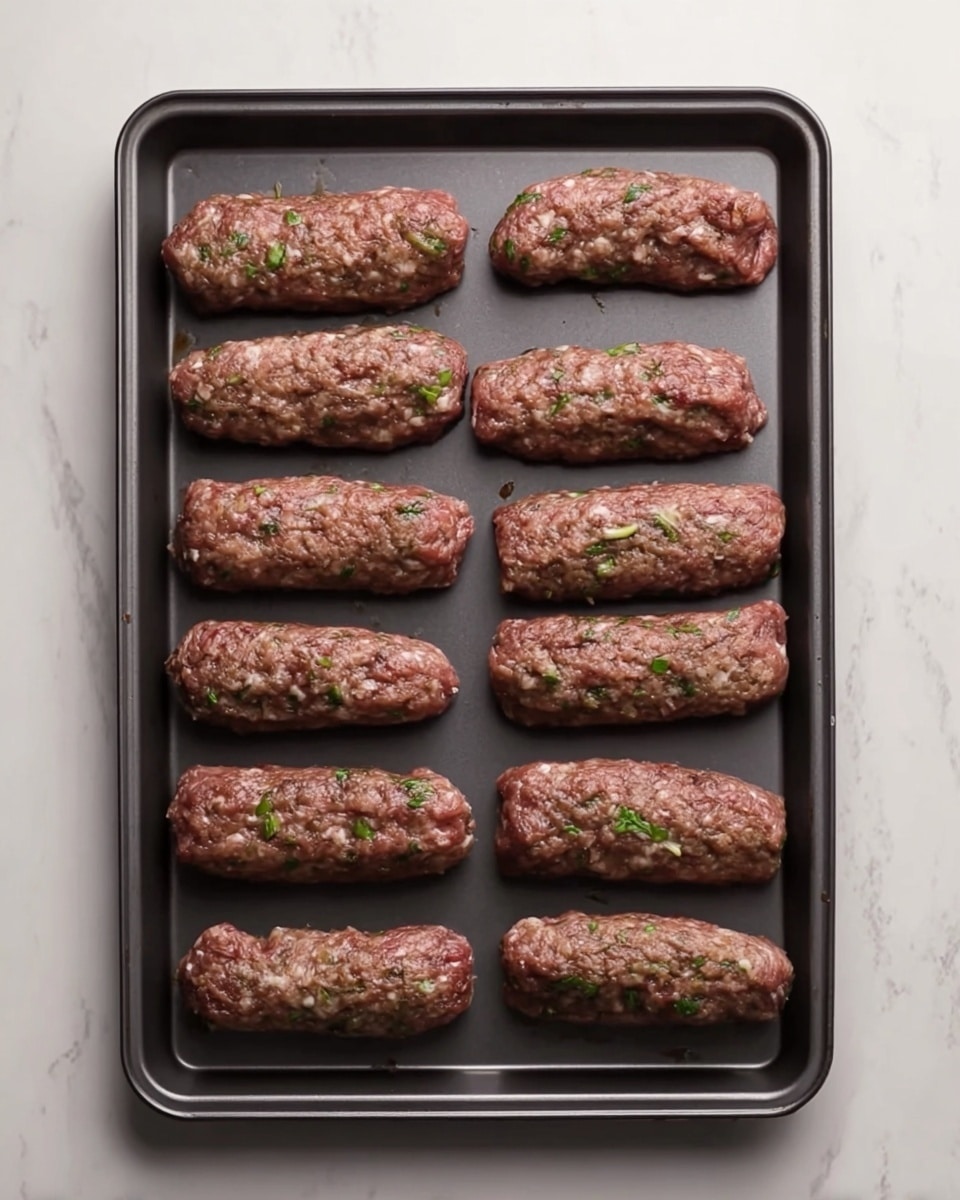 The image shows a dark gray baking tray with fourteen raw elongated meat pieces arranged neatly in three rows, each piece having a slightly rough texture with visible minced meat and small green herb bits mixed inside. The pieces vary slightly in size and shape but are all about the same length, placed evenly on the tray with small spaces in between. The tray is on a white marbled surface. Photo taken with an iphone --ar 4:5 --v 7