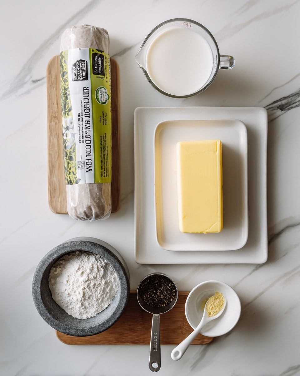 The image shows ingredients arranged neatly on a white marbled surface. At the top left is a wrapped turkey sausage with green and beige packaging, placed horizontally. To the right, there is a clear measuring cup filled with white milk, positioned vertically. Below the sausage, a stick of yellow butter rests on a white rectangular plate. Next to the butter, a metal measuring cup filled with white flour is placed with the handle pointing down. Near the bottom right corner, a white ceramic spoon holds light yellow garlic powder, situated horizontally. Below the spoon, a small round white bowl contains white salt and sits on a small wooden board alongside a dark grey mortar holding black pepper. All items are spaced evenly, giving a clean and organized look. photo taken with an iphone --ar 4:5 --v 7