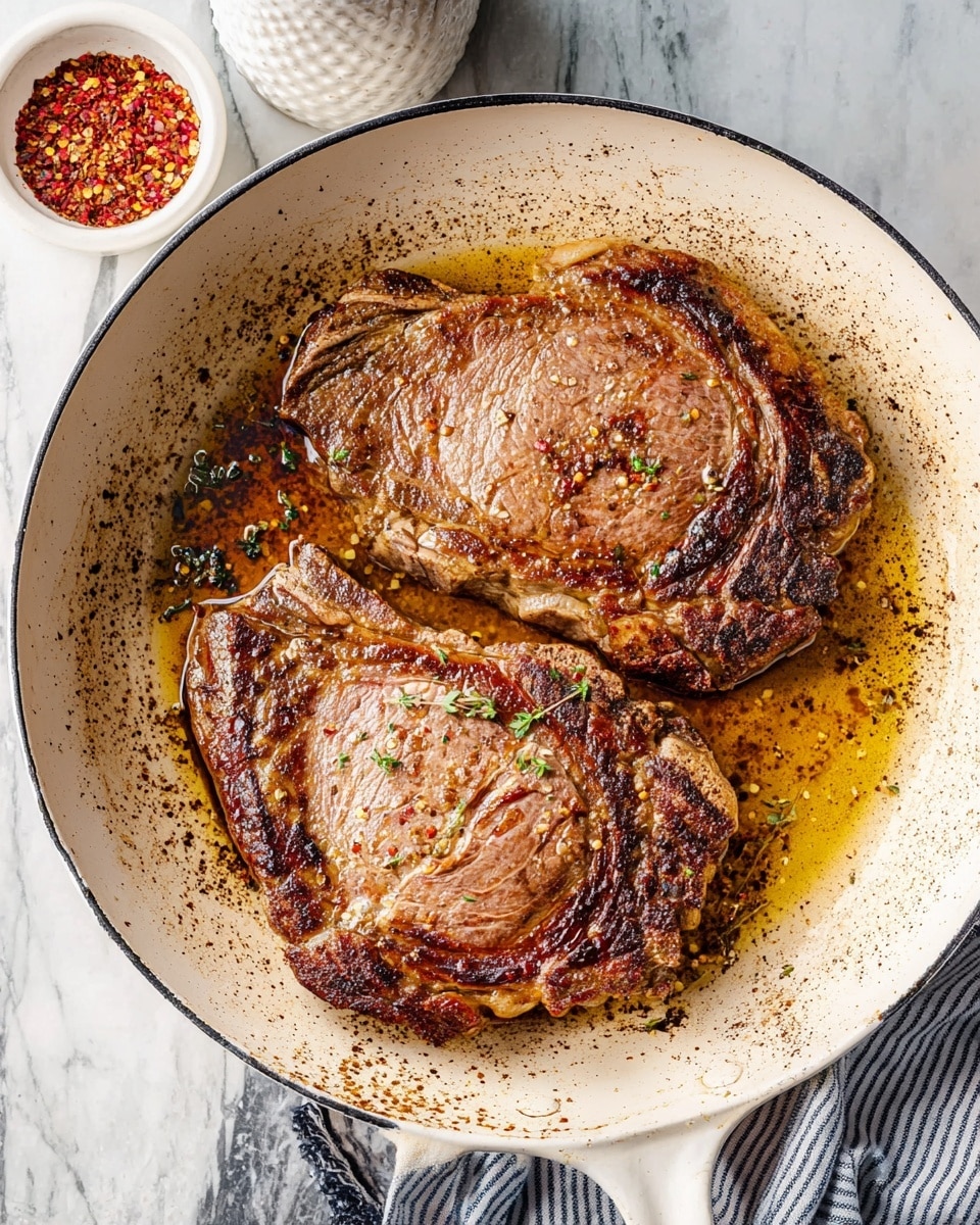 Two cooked steaks with a browned, slightly crispy outside rest in a large white skillet with a black rim. The steaks have a warm brown color with visible grill marks and curled edges, sitting in golden oil with small herbs and spices scattered around. The skillet shows darkened cooking marks on the surface. Around the skillet, there is a white marbled surface, a small white bowl with red pepper flakes, a salt or pepper shaker with a textured white holder, and a striped cloth napkin partially visible at the bottom edge. Photo taken with an iphone --ar 4:5 --v 7