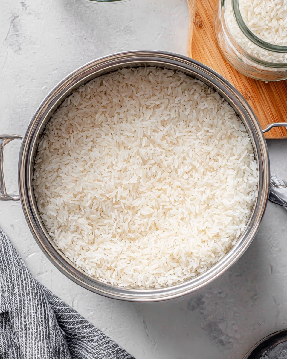 A shiny silver pot filled with uncooked white rice grains, showing a uniform layer of rice covering the bottom and rising slightly toward the edges with a slightly translucent texture. The pot sits on a white marbled surface that has light gray veins. At the top right corner, a glass jar with white rice inside is placed on a wooden board. A gray and white striped cloth is partially visible at the bottom left corner. The overall look is clean and simple. Photo taken with an iphone --ar 4:5 --v 7