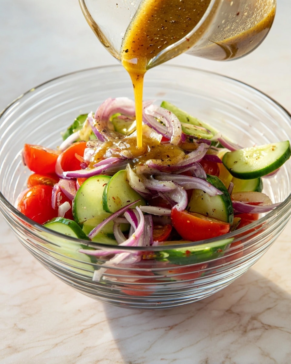A clear glass bowl holds a fresh salad made of three main layers: bright red cherry tomato halves scattered throughout, thick slices of green cucumber with dark green skin, and thin curved slices of purple-red onion on top. Above the bowl, a glass container pours a light brown, speckled dressing into the center, creating a flowing motion. The bowl sits on a white marbled surface with soft natural lighting highlighting the fresh colors and textures. photo taken with an iphone --ar 4:5 --v 7