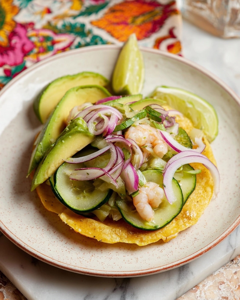 A large white bowl holds a green soup with soft white shrimp pieces floating in it. The soup also has thin slices of cucumber and purple onion mixed inside. On one side of the bowl, there are several slices of bright green avocado sprinkled with black pepper. Chopped fresh cilantro is spread over the whole dish. Around the bowl, there are small white bowls with sliced avocado, cucumber, and red onion placed on a white marbled surface. A small wooden bowl with lime slices is also visible in the foreground. photo taken with an iphone --ar 4:5 --v 7