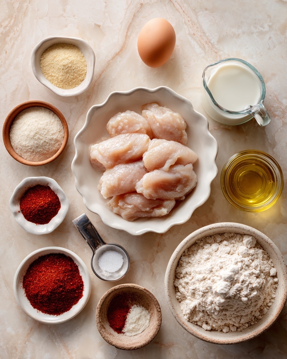 A white scalloped bowl holds several pale pink chicken tenderloins placed in the center on a light beige surface. Surrounding this bowl are small dishes and containers arranged neatly. To the right, a single brown egg sits in a white cup, and a clear glass measuring jug filled with white buttermilk is placed nearby. Below these are small white bowls containing reddish paprika powder, light brown onion powder, and deep red hot sauce. On the left side, a light brown wooden dish holds white salt, next to a small white bowl with pale yellow garlic powder, and a shallow white bowl with reddish cayenne pepper. A silver measuring cup with white cornstarch is centered slightly below, near a light brown wooden small bowl with white pepper powder. A rough-textured beige bowl filled with white flour is placed in the bottom right corner, and a clear glass bottle of yellow oil rests near the bottom left. The whole setup is on a white marbled surface. photo taken with an iphone --ar 4:5 --v 7