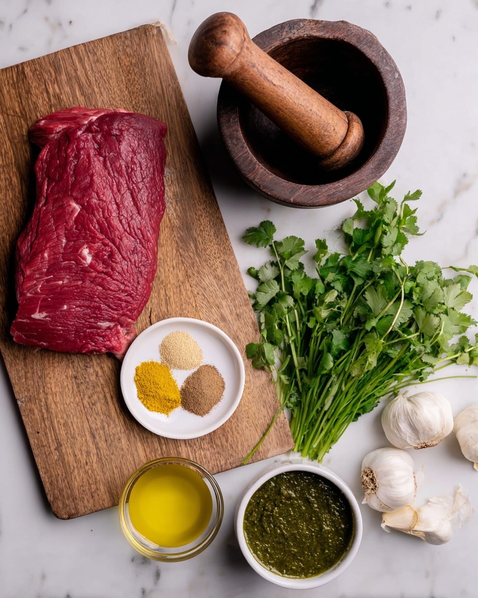 A raw red piece of meat with visible texture and marbling lies flat on a wooden cutting board on the left side. To the right of the board, on a white marbled surface, there is a round dark wooden mortar with a pestle standing inside it. Below the mortar, a small white bowl holds three different powders each distinct in yellow, light brown, and dark brown colors. To the right, fresh green cilantro stems spread out with some loose leaves. Below the cilantro, a small clear glass bowl with golden yellow oil and next to it, a white bowl filled with thick, dark green sauce sits. To the far right, several white garlic cloves complete the group of ingredients. Photo taken with an iphone --ar 4:5 --v 7