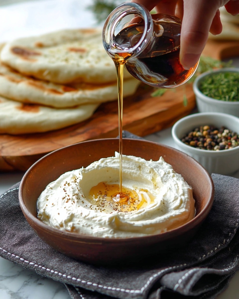 A close-up view of a round shallow brown bowl filled with creamy white spread that has a smooth and whipped texture, with a circular well in the middle where golden amber honey is being poured from a small dark glass container held by a woman's hand above. In the background, there are two pieces of toasted pita bread with slight brown spots placed on a wooden board, next to some green chopped herbs, and a small white bowl containing mixed peppercorns. The whole scene is set on a white marbled surface with two folded gray cloth napkins with white stitched edges underneath the bowl. Photo taken with an iphone --ar 4:5 --v 7
