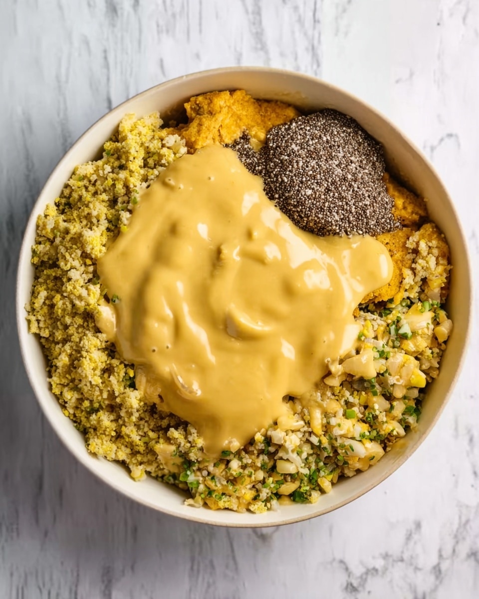 A white bowl on a white marbled surface holds a layered dish starting with a crumbled, yellow and light brown textured base mixed with green herbs, topped with a thick, smooth creamy yellow sauce in the center. There is also a small dark gray clump on one side of the base, contrasting with the creamy layer. The bowl is viewed from above and has a simple, clean look. photo taken with an iphone --ar 4:5 --v 7