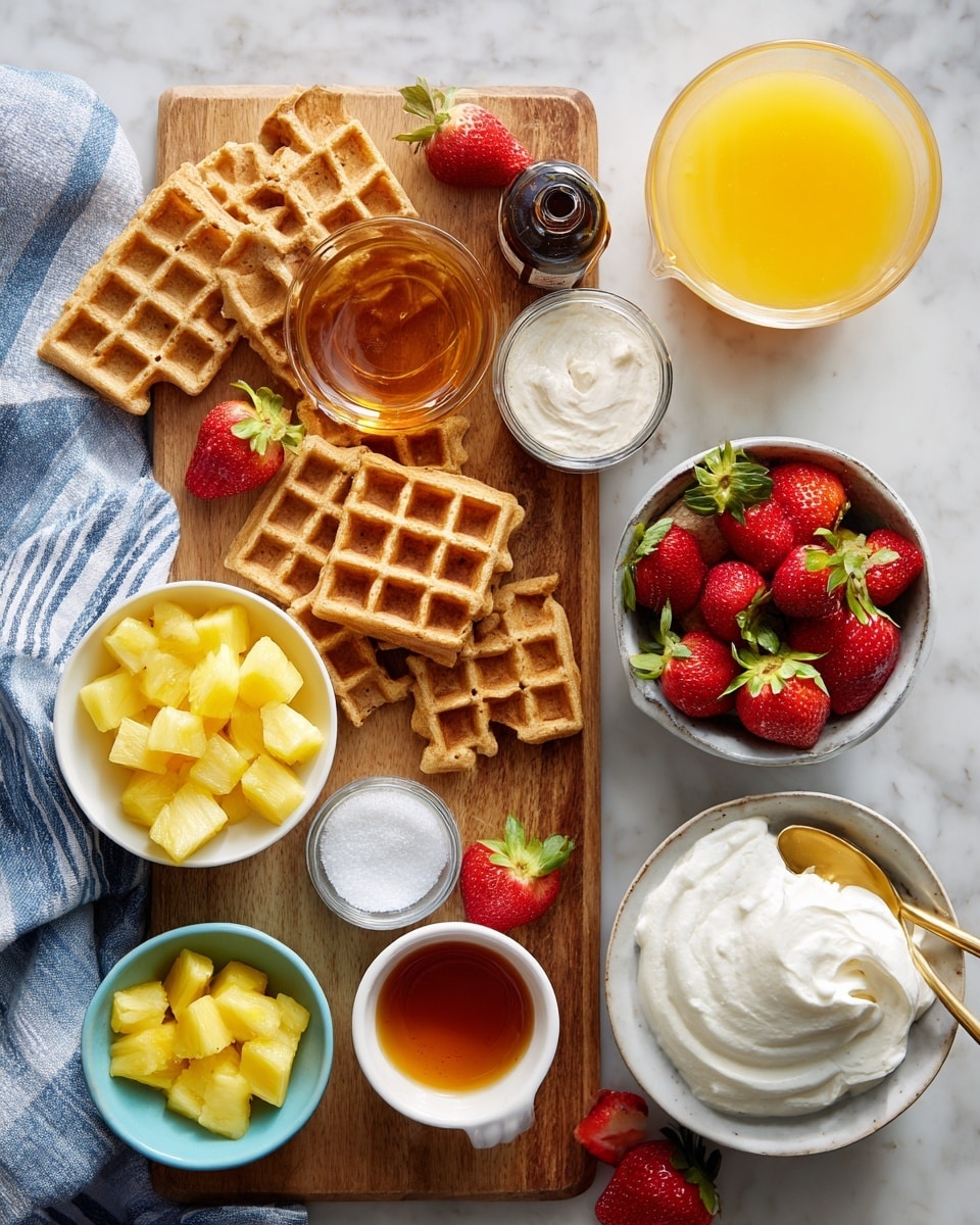 A wooden board holds a colorful arrangement of ingredients on a white marbled surface. At the center, there are golden brown frozen mini waffles with textured grid patterns, some whole and one broken into pieces showing a soft inside. Around them, bright red strawberries with green tops add vibrant color, some sitting inside a white cup and others scattered loosely. A small light blue bowl is full of yellow pineapple tidbits, showing their juicy texture. White bowls hold thick white Greek yogurt and bright yellow orange juice, while a small bottle with dark honey sits beside chopped pineapple pieces. There is also a small white cup of heavy whipping cream and a blue bowl filled with white sugar, topped with a small yellow spoon. In the middle, a white bowl contains amber-colored vanilla extract, shining under soft light. A striped blue and white cloth adds a cozy touch to the scene. photo taken with an iphone --ar 4:5 --v 7