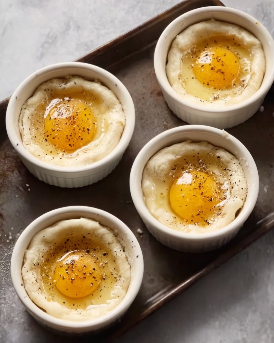 The image shows four white round ramekins placed in a rectangular shape on a dark baking tray. Each ramekin contains one raw egg cracked open, sitting on a base of light-colored dough or batter shaped like a ring around the edges. The eggs have bright yellow yolks centered in shiny, clear egg whites, sprinkled lightly with black pepper. The surface they are on is a white marbled texture. photo taken with an iphone --ar 4:5 --v 7