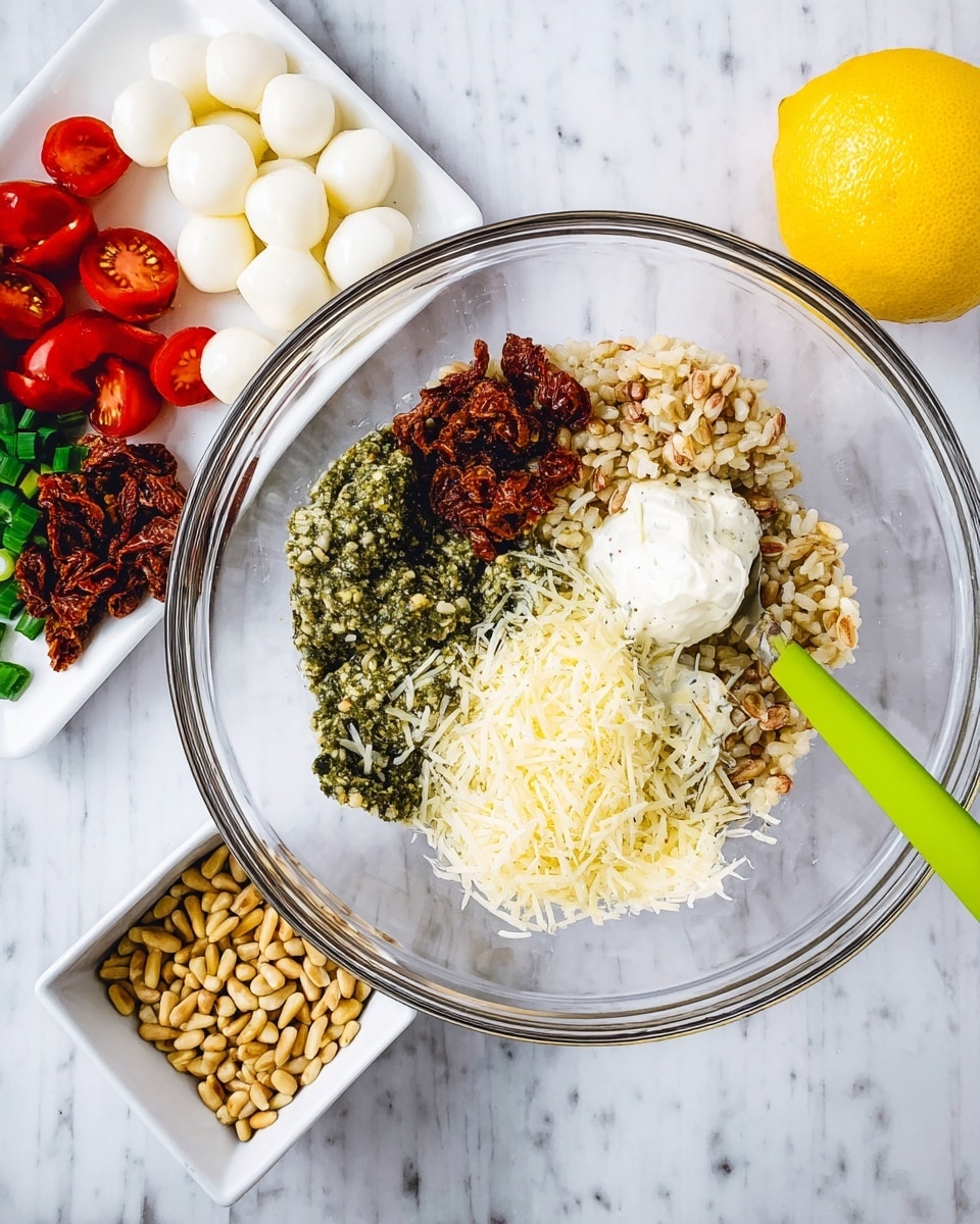 A clear glass bowl sits on a white marbled surface filled with four distinct layers: a base of cooked brown rice with a light tan color, a dark green pesto sauce covering one side, a small pile of finely shredded pale yellow cheese, and a small scoop of creamy white sauce placed near the top. A bright green spoon rests inside the bowl on the right side, partially submerged in the ingredients. To the left, a white plate holds neatly arranged ingredients: halved red grape tomatoes, whole small white mozzarella balls, sun-dried tomato strips with a dark reddish-brown color, and chopped green onions. Below the plate is a small white square bowl filled with toasted pine nuts. A whole yellow lemon rests on the marbled surface in the upper right corner. photo taken with an iphone --ar 4:5 --v 7