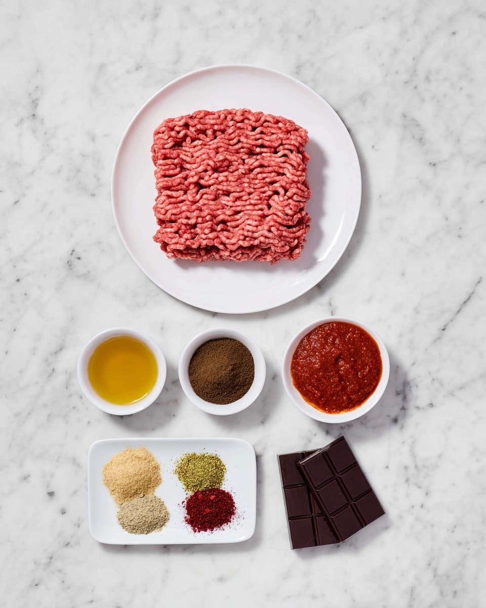 The image shows a set of ingredients neatly placed on a white marbled surface. At the top center is a white plate with a square-shaped pile of raw ground meat, pinkish in color with a textured pattern. Below it, there are three small white bowls arranged in a row: the left bowl holds a golden-yellow liquid, the middle one contains a bright red paste, and the right bowl has a dark brown powder. In front of these, centered at the bottom, is a white plate with seven small piles of different spices in different colors including beige, brown, light green, dark brown, and red flakes. Next to this plate on the right side is a piece of dark chocolate with two visible segments. The whole setup is clean and organized with a clear view of each ingredient. photo taken with an iphone --ar 4:5 --v 7