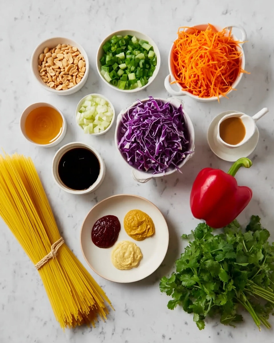 The image shows many ingredients placed separately on a white marbled surface. There is a bunch of yellow pasta tied in the middle at the bottom left. Above it, there are small white bowls holding crushed peanuts, sliced green onions, chopped purple cabbage in a white cup, shredded orange carrots in a white cup with a handle, and some sauces in small white and brown bowls. A whole red bell pepper and a bunch of fresh green cilantro are also on the right side. At the center, a white plate has three different sauces or pastes in small portions: a dark red sauce, a light yellow paste, and a light beige paste. photo taken with an iphone --ar 4:5 --v 7