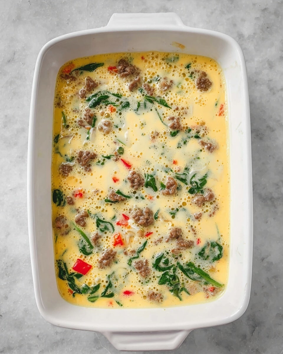 A white rectangular baking dish filled with a liquid egg mixture that is pale yellow with small bubbles on the surface. Scattered within the mixture are chunks of browned ground meat, bright green leafy spinach, small pieces of red bell pepper, and translucent onion bits. The dish is placed on a white marbled surface, showing a raw and mixed but uncooked casserole layer. Photo taken with an iphone --ar 4:5 --v 7