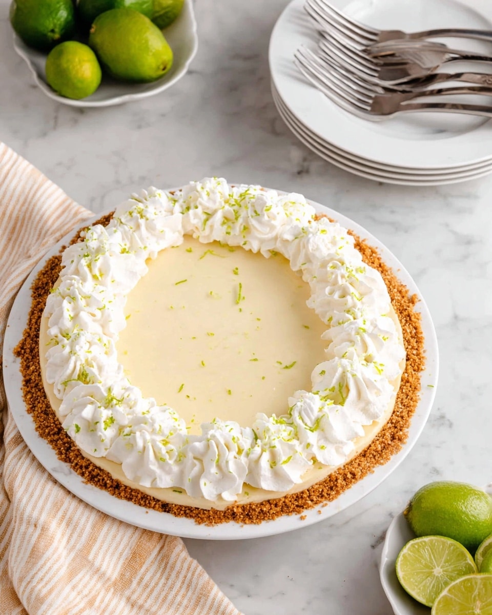A round pie on a white plate has three clear layers: a thick crumbly golden-brown crust at the bottom and edge, a smooth pale yellow cream filling in the middle, and a ring of white whipped cream rosettes around the top edge. The whipped cream is sprinkled with small green lime zest bits that add color and texture. The pie sits on a white marbled surface, with a stack of white plates and four shiny silver forks to the top right, a bowl of small green limes below, and a beige striped cloth to the left. Photo taken with an iphone --ar 4:5 --v 7